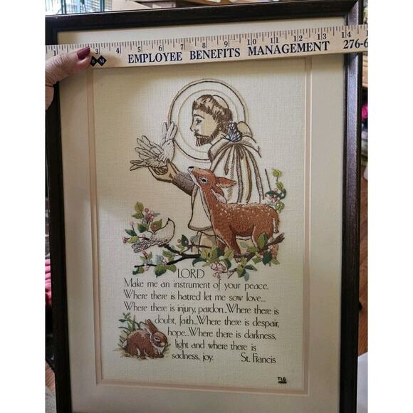 St Francis Of Assisi Embroidered Large Portrait Fawn Animals Quote Framed Matted - Picture 6 of 7